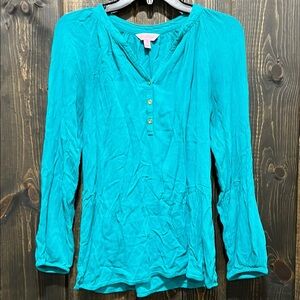 Lilly Pulitzer Blouse S Teal Long Sleeves Henley Relaxed‎ Preppy Coastal Rayon